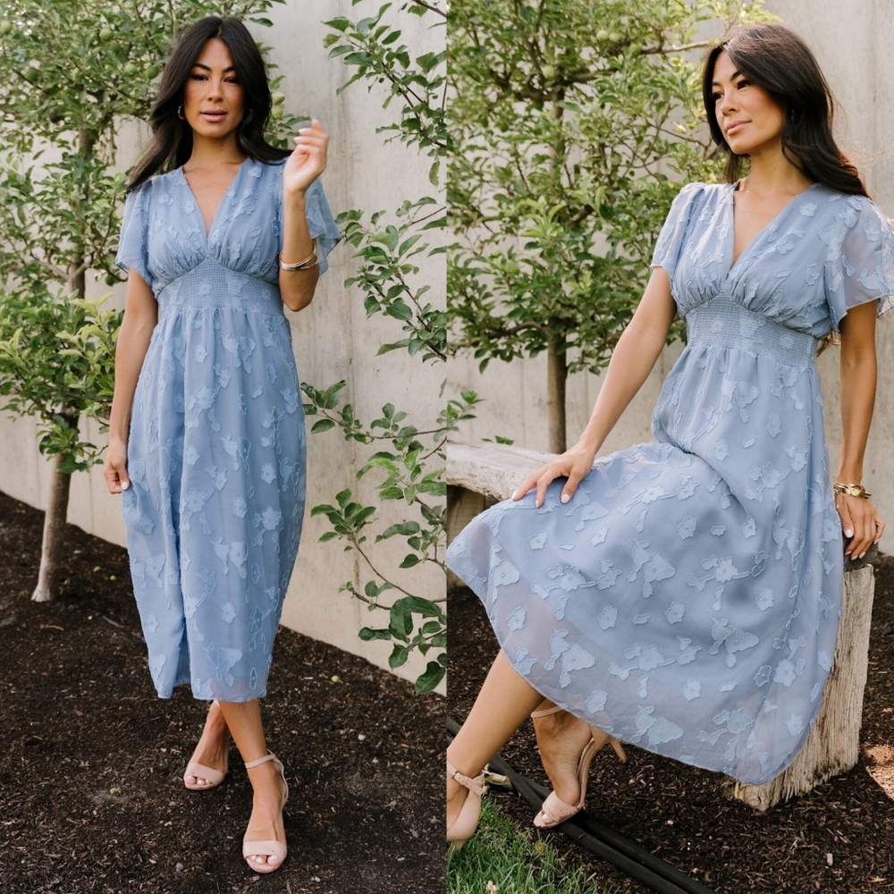 Baltic Born Dusty Blue Midi Dress with Textured Floral Appliqué